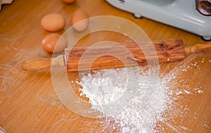 An image flat lay select focus at flour is the ingredient baking cake food in kitchen cooking as flour egg pastry with bread