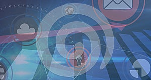 Image of floating icons in circles over graphs, arrow, binary codes against abstract background