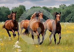Image of flock of horses in the fertile meadows and forests. Wildlife Animals. Illustration, Generative AI