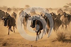Image of flock wildebeest in a dry meadow on natural background. Wild Animals. illustration. Generative AI