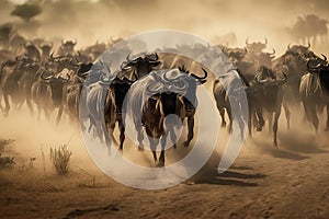 Image of flock wildebeest in a dry meadow on natural background. Wild Animals. illustration. Generative AI