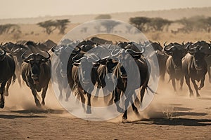 Image of flock wildebeest in a dry meadow on natural background. Wild Animals. illustration. Generative AI