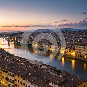 Florence city during golden sunset. Panoramic view to the river Arno, with Ponte Vecchio, Palazzo Vecchio