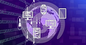 Image of flowchart, application icons, binary codes and rotating globe over abstract background