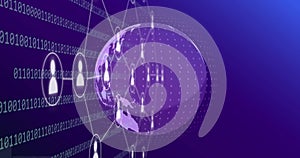 Image of flowchart, application icons, binary codes and rotating globe over abstract background