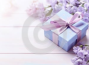Image of flowers with gift box on light wooden texture