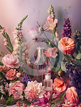 An image of flowers and perfumes on a background