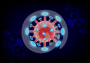 Image of Flu COVID-19 virus cell under the microscope on the blood isolated on black background. Coronavirus outbreak influenza.