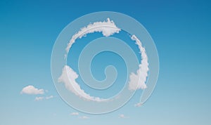 Image of a fluffy cloud in the shape of circulating arrows as a symbol of recyclation floating peacefully in a blue sky photo