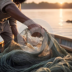 image of focusing on the hands of fisherman as he untangles a fishing net at sunrise.