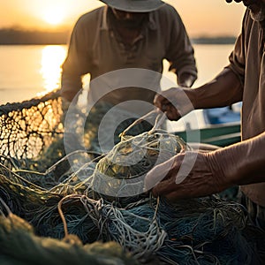 image of focusing on the hands of fisherman as he untangles a fishing net at sunrise.