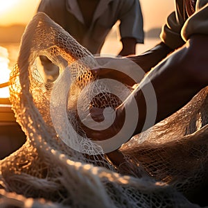 image of focusing on the hands of fisherman as he untangles a fishing net at sunrise.