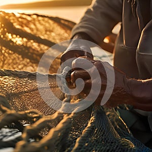 image of focusing on the hands of fisherman as he untangles a fishing net at sunrise.