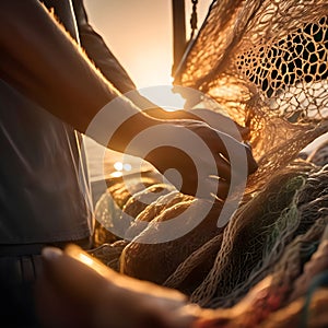 image of focusing on the hands of fisherman as he untangles a fishing net at sunrise.