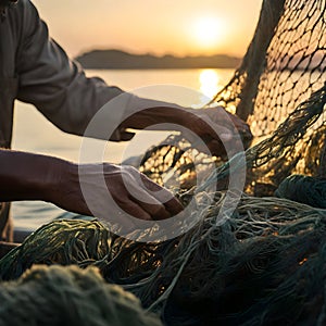 image of focusing on the hands of fisherman as he untangles a fishing net at sunrise.