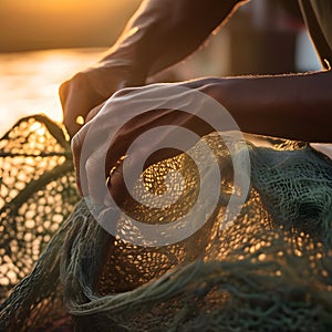 image of focusing on the hands of fisherman as he untangles a fishing net at sunrise.