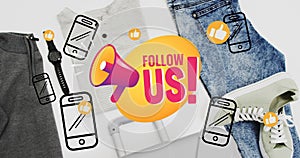 Image of follow us text with smartphone icons over suitcase and clothes on white background