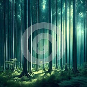 image of a forest with extremely thin tall trees, magically dense and calm serene atmosphere.