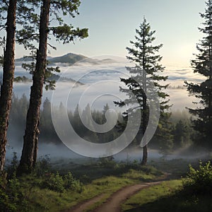 a forest mountain with conifer trees.