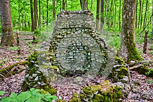 Forest reclaiming abandoned structure, decayed rock and stone, crumbling, mossy photo