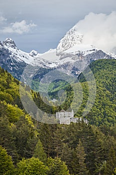 Fortress at predel pass in Slovenia with alps in the backround