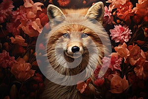 Image of fox in a beautiful field of flowers. Wildlife Animals. Illustration, Generative AI