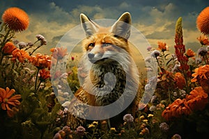 Image of fox in a beautiful field of flowers. Wildlife Animals. Illustration, Generative AI