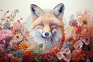 Image of fox in a beautiful field of flowers. Wildlife Animals. Illustration, Generative AI