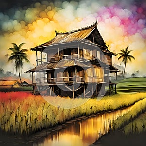 image of fractal art synthography old traditional malay house at paddy field at golden hour.