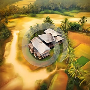 image of fractal art synthography old traditional malay house at paddy field at golden hour.