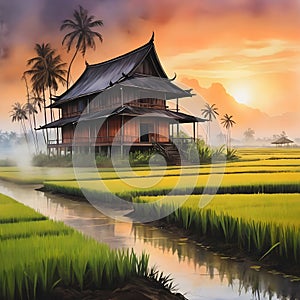 image of fractal art synthography old traditional malay house at paddy field at golden hour.