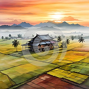 image of fractal art synthography old traditional malay house at paddy field at golden hour.