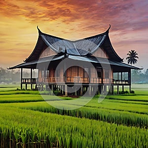 image of fractal art synthography old traditional malay house at paddy field at golden hour.