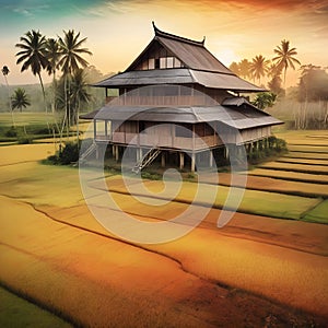 image of fractal art synthography old traditional malay house at paddy field at golden hour.