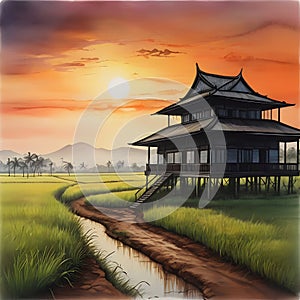 image of fractal art synthography old traditional malay house at paddy field at golden hour.