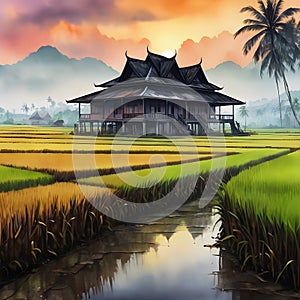 image of fractal art synthography old traditional malay house at paddy field at golden hour.