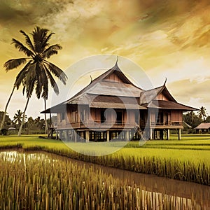 image of fractal art synthography old traditional malay house at paddy field at golden hour.