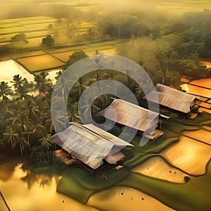 image of fractal art synthography old traditional malay house at paddy field at golden hour.