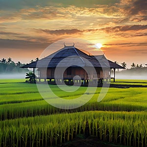 image of fractal art synthography old traditional malay house at paddy field at golden hour.