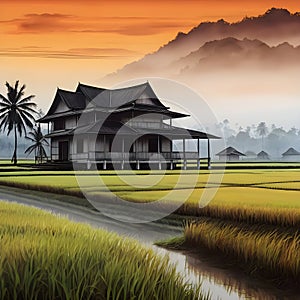 image of fractal art synthography old traditional malay house at paddy field at golden hour.