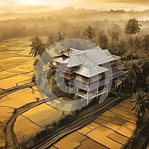 image of fractal art synthography old traditional malay house at paddy field at golden hour.