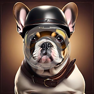 An image of a French bulldog wearing an old leather helmet for pilots.