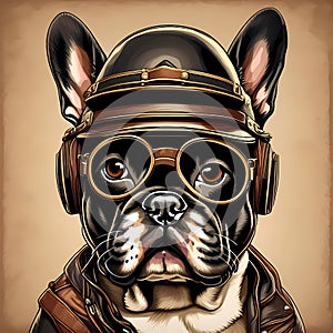 An image of a French bulldog wearing an old leather helmet for pilots.