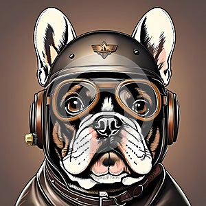 An image of a French bulldog wearing an old leather helmet for pilots.