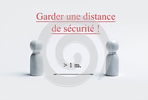 Image with french writing, translation - keep safe distance. Preventive measures. Steps to protect yourself. Social