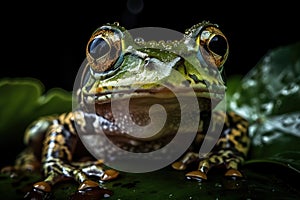 Image of frog on green leaf. Amphibian. Animals. Illustration. Generative AI