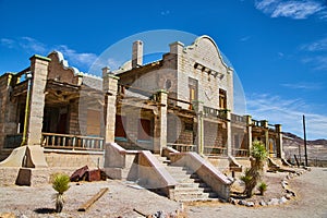 Front of abandoned train station in ghost town of Rhyolite