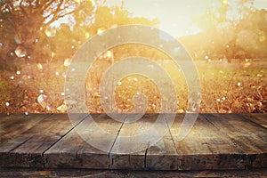 image of front rustic wood boards and background of fall leaves