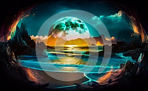 An image of full moon over the ocean. Generative AI