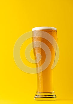 Image of full pint glass of lager beer, with copy space on yellow background